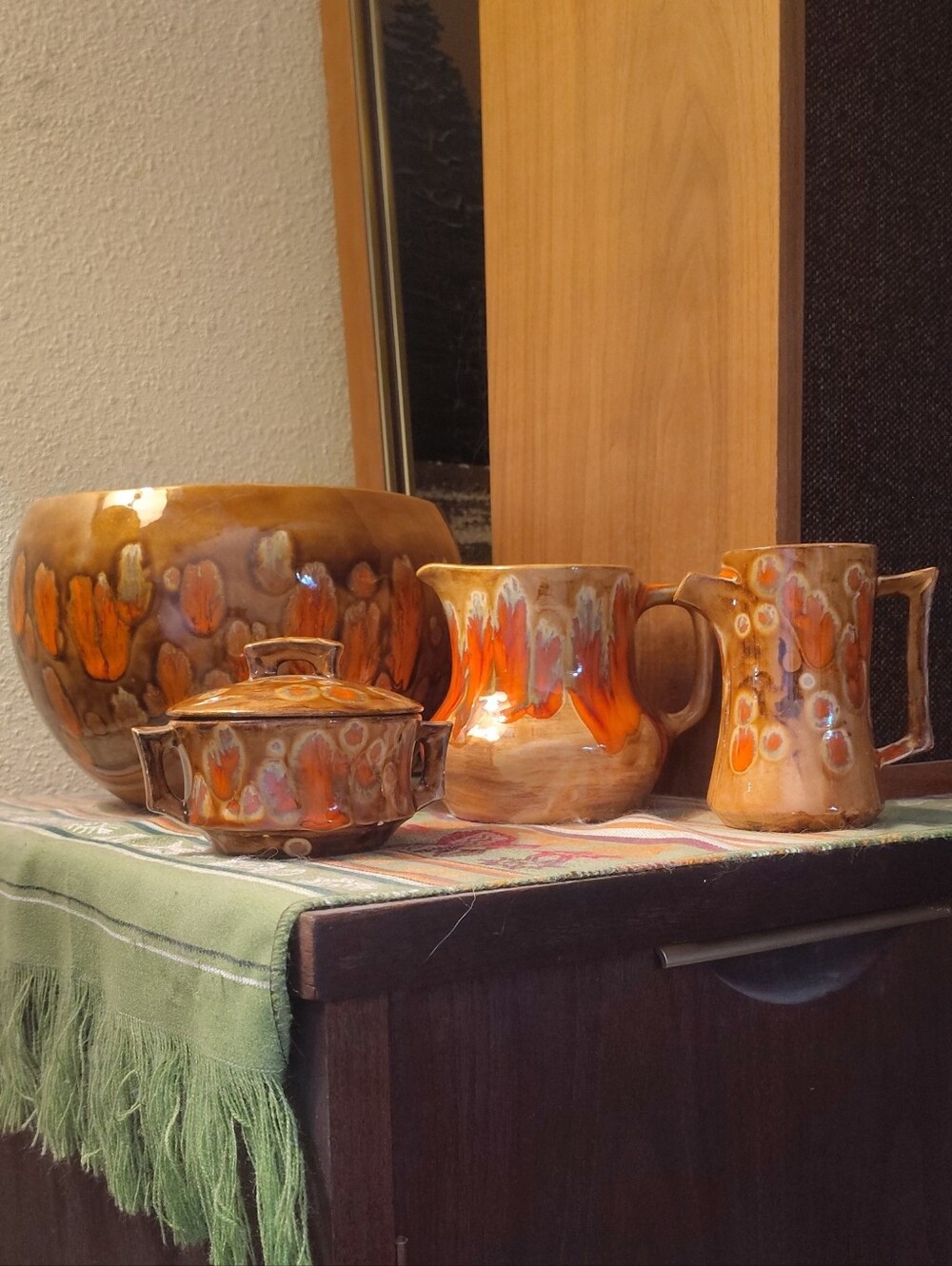 Vintage 1960s Arnels Lava Drip Glaze Ceramic Pitcher and Bowl Set -